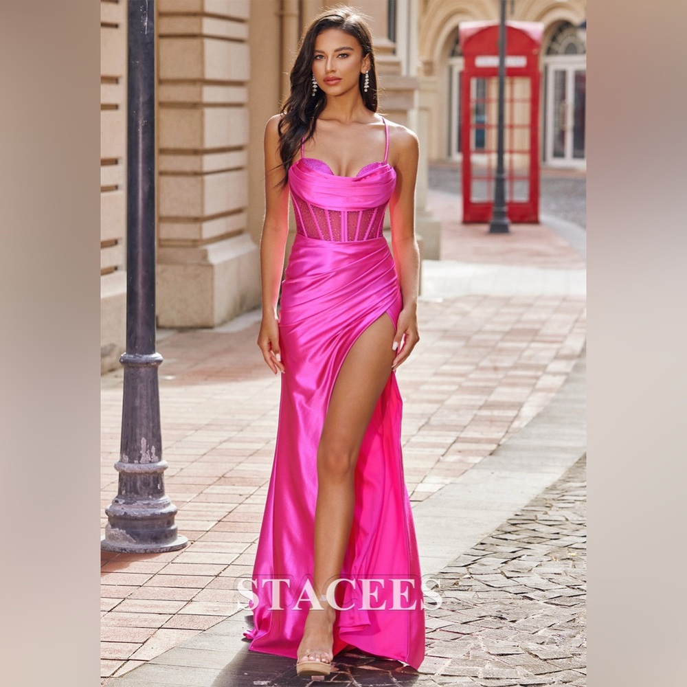 Stacees Beaded Satin Prom Dress - Fuchsia, women’s size 4